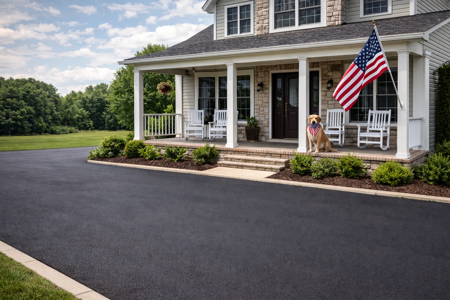 Fresh asphalt driveway installation at a military family home with American flag