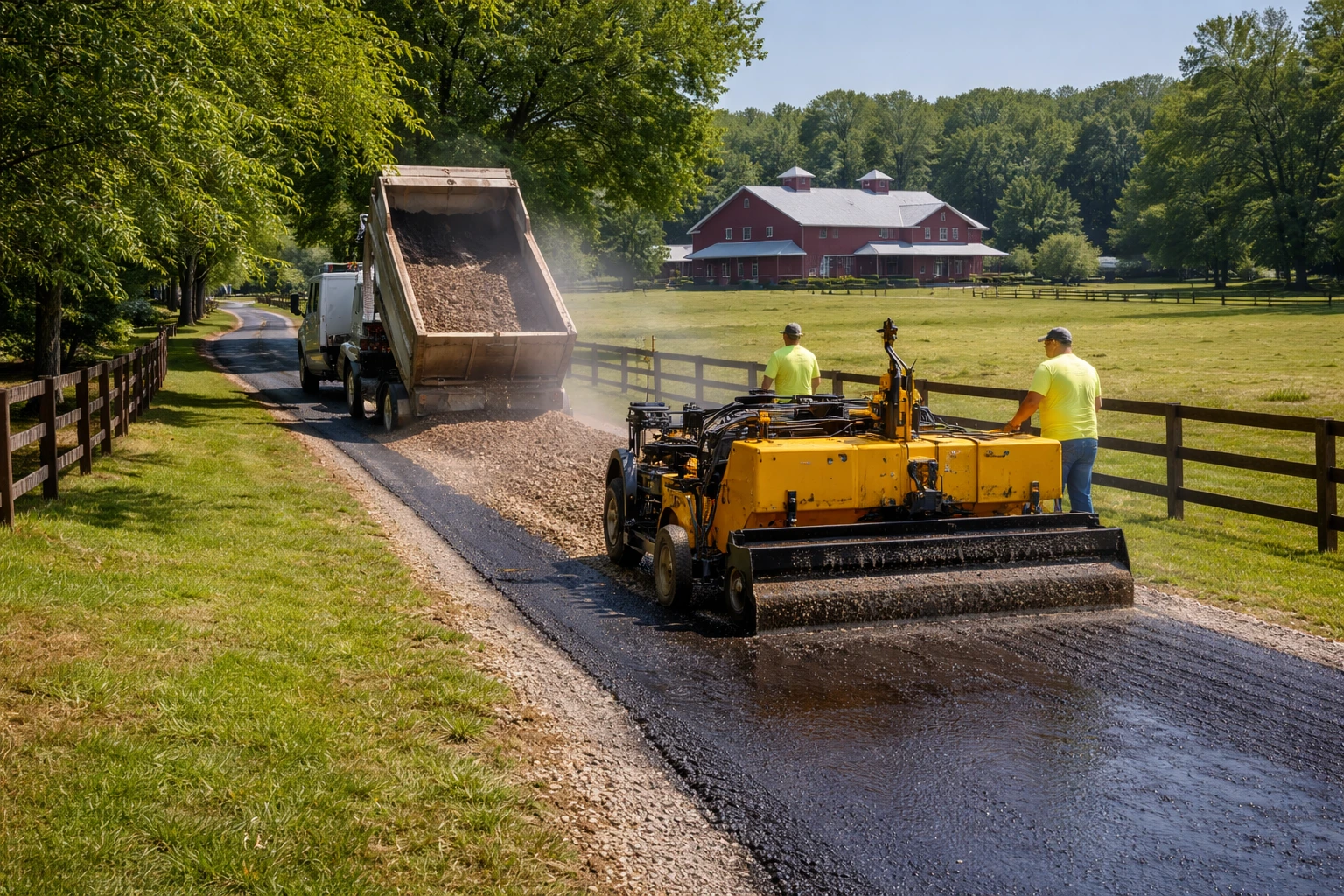 Tar and chip driveway installation on a rural property in Middle Tennessee